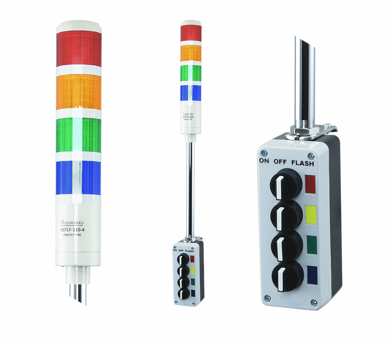 Four-color pole-mounted industrial signal light with close up views of prism lenses and 2-position switch box.