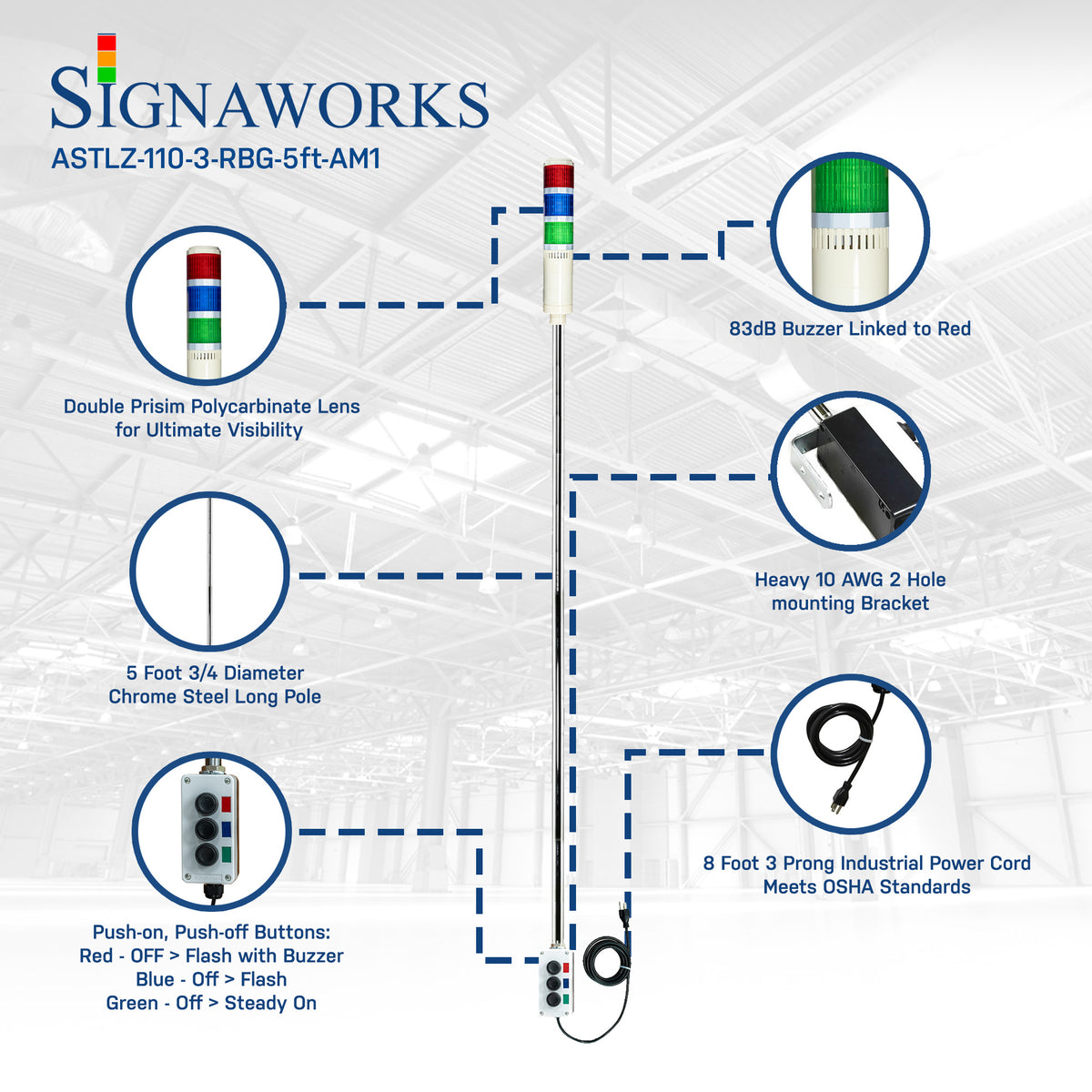 Signaworks ASTL - LED Andon Tower Light 5 FT Pole with Buzzer Red Blue Green 110V ...