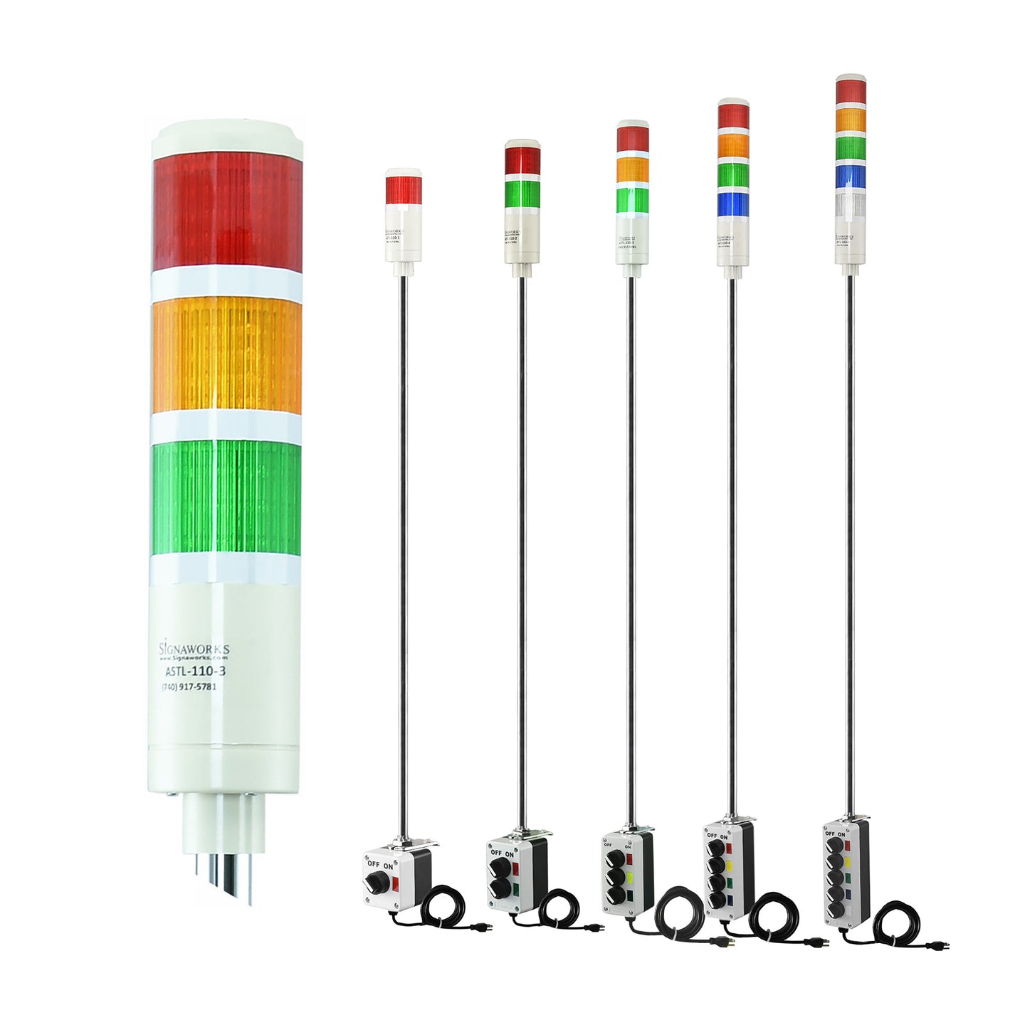 Collection of multicolored industrial signal lights with 2-position switches on a white background