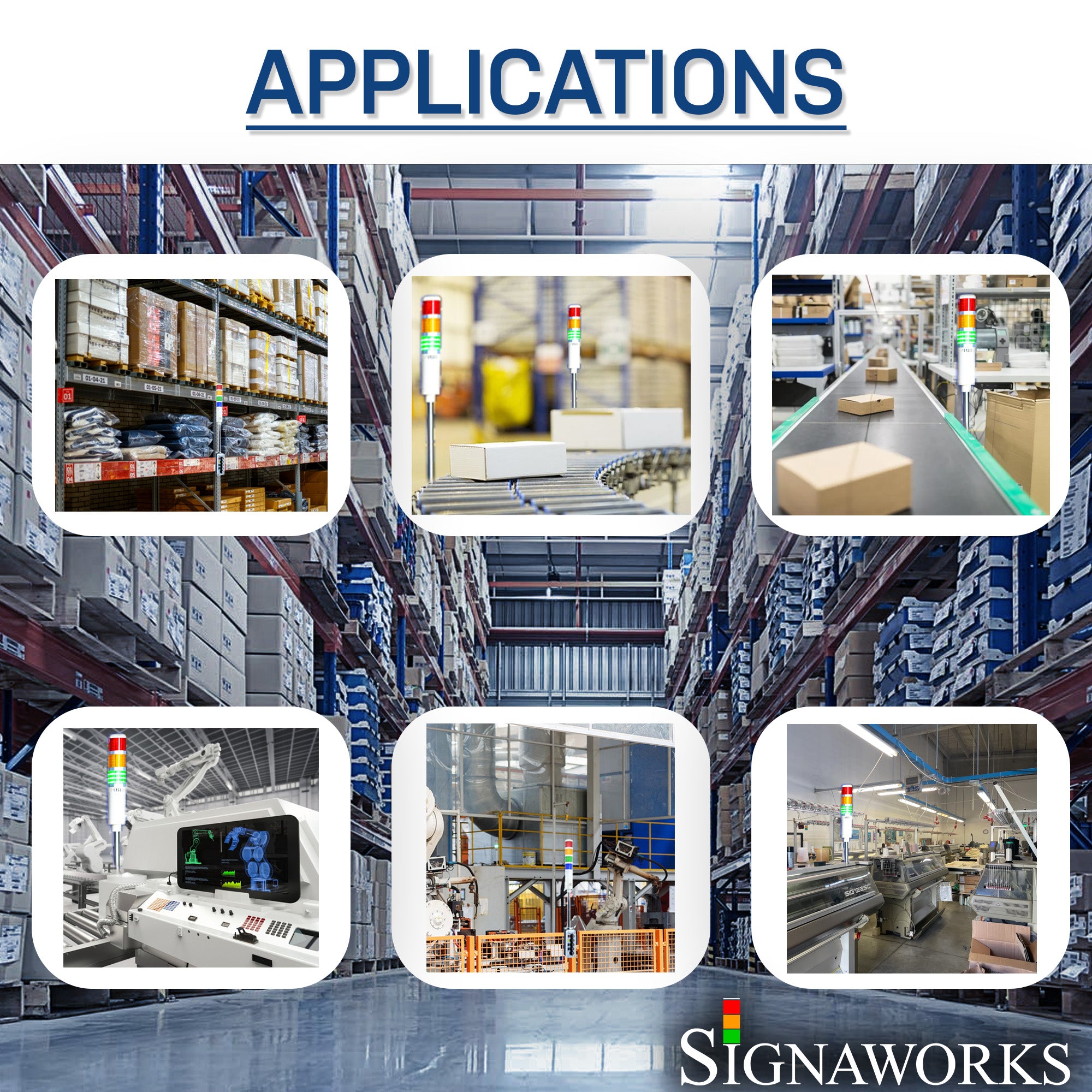 A graphic demonstrating various industrial applications for ASTL signal lights with Signaworks branding.