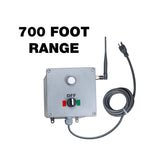 Control switch box with power cable and antenna, labeled '700 Foot Range' on a white background.