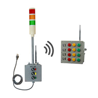 Control box with red, amber and green lights and a mirroring button panel on a white background.