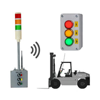 Control panel with red, yellow, and green lights and a forklift on a white background.