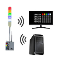 Multicolor pole mounted industrial signal light transmitting and receiving data to/from a PC and monitor displaying an andon data log.