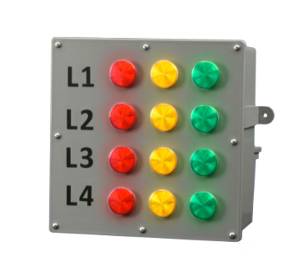 A 2 inch LED Andon Bingo Board display with multiple colored LED lamps arranged in a square grid pattern, labeled with labels 'L1' to 'L4'.