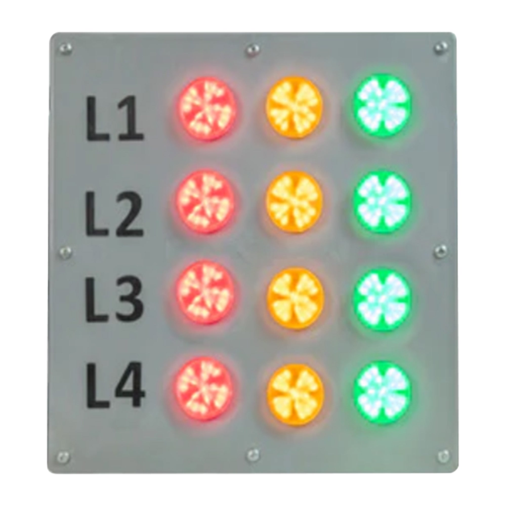 A 2 inch LED Andon Bingo Board display with multiple colored LED lamps arranged in a square grid pattern, labeled with labels 'L1' to 'L4'.