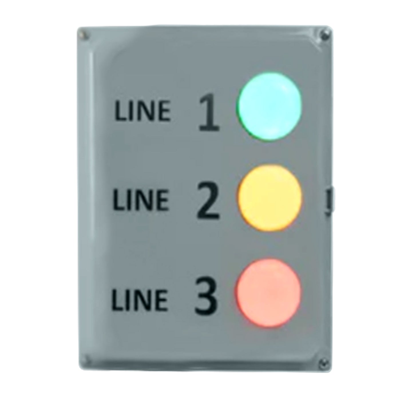 A domed LED Andon Bingo Board display with three colored buttons labeled 'LINE 1' to 'LINE 3'.