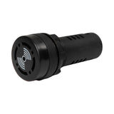 Black 22mm panel mount audible alarms, showing front quarter view.