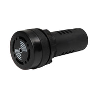 Black 22mm panel mount audible alarms, showing front quarter view.