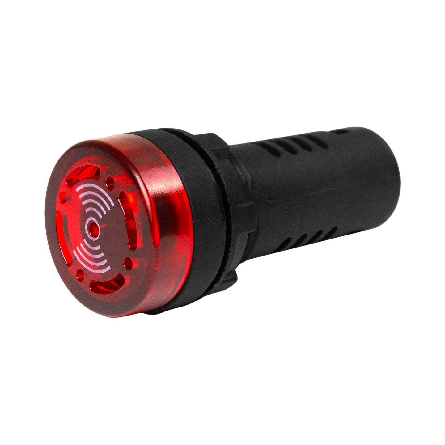Red 22mm panel mount audible alarms with LED indicators, showing front quarter view.