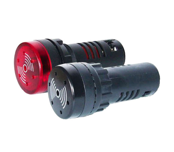 Two 22mm panel mount audible alarms with LED indicators, one in black and one in red, showing front quarter view.