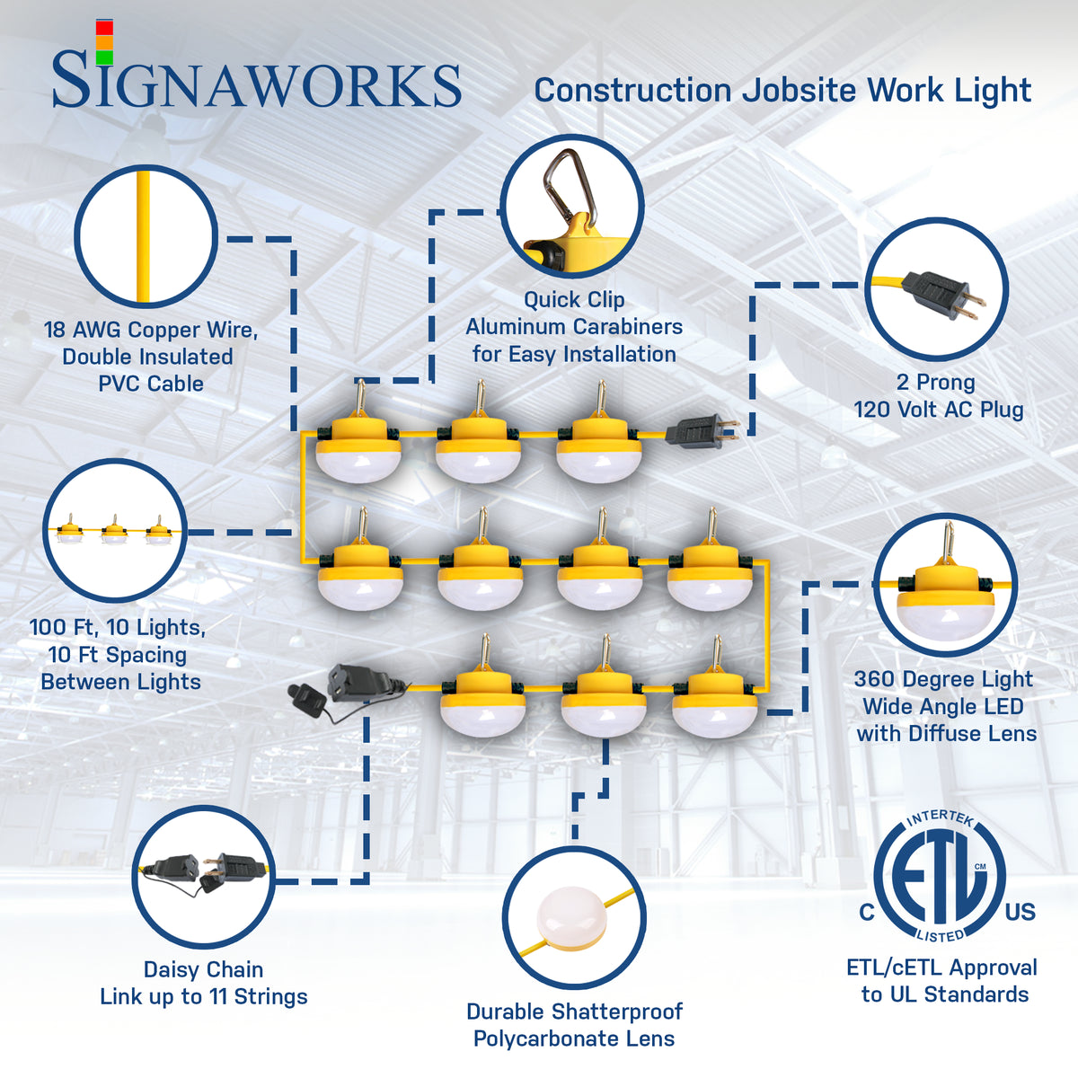Signaworks Construction String Light 100FT 10 Light 2 Prong Plug – Signaworks