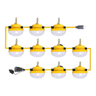 A set of yellow LED string lights with white light covers and black accents, connected by a yellow cord with a 2-prong plug.