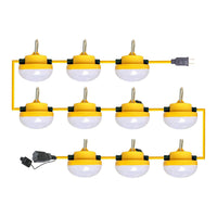 A set of yellow LED string lights with white light covers and black accents, connected by a yellow cord with a 2-prong plug.