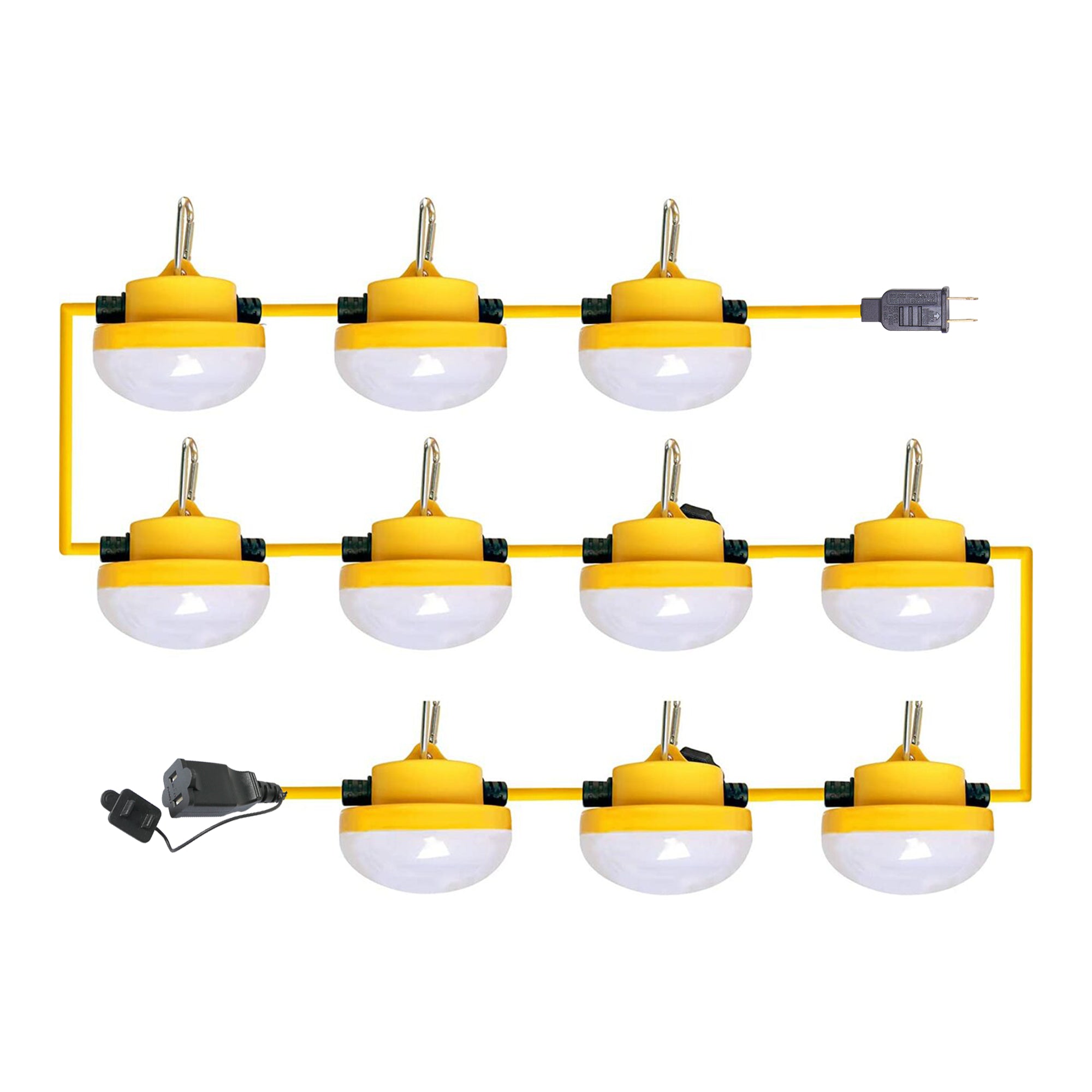 A set of yellow LED string lights with white light covers and black accents, connected by a yellow cord with a 2-prong plug.
