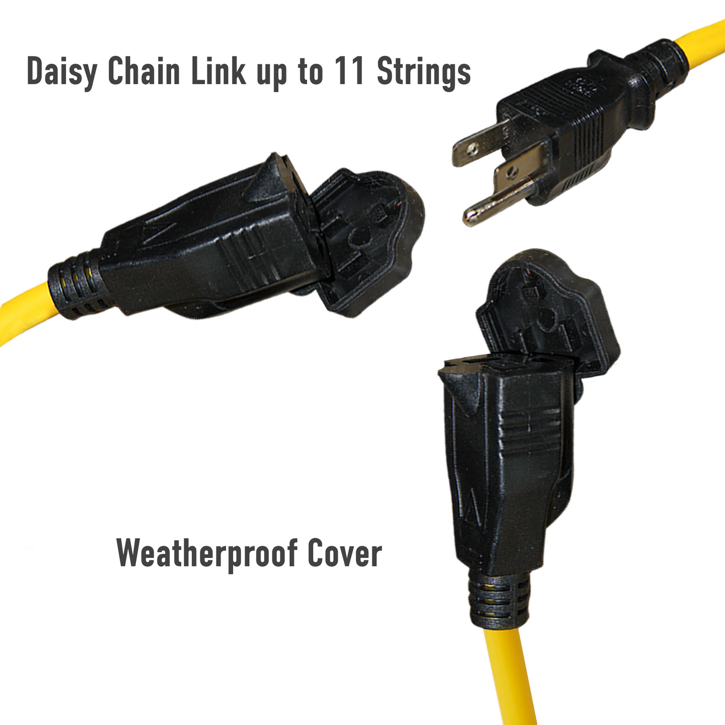 Black and yellow 3-Prong power cord plugs that are on a white background