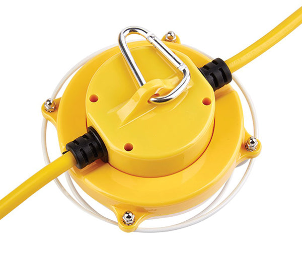 Carabiner mounting point for yellow string light with power cord on a white background.