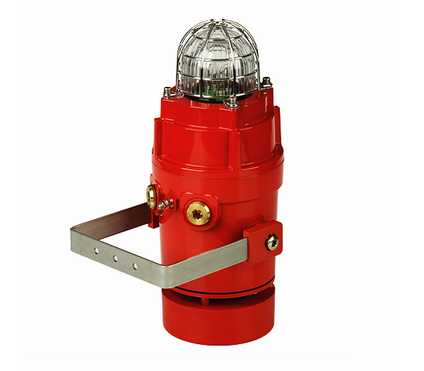 A red explosion proof high output radial alarm horn with a Xenon strobe beacon, featuring a clear dome top and a mounting bracket.