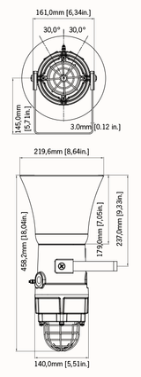Black on white technical diagram depicting product dimensions.