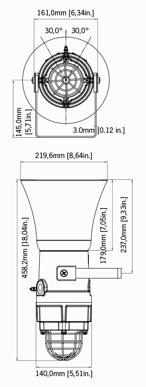 Black on white technical diagram depicting product dimensions.