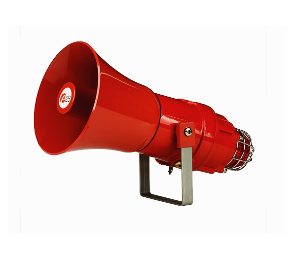 A red re-entrant flare horn combined with a Xenon strobe beacon, mounted on a stainless steel 'U' bracket.