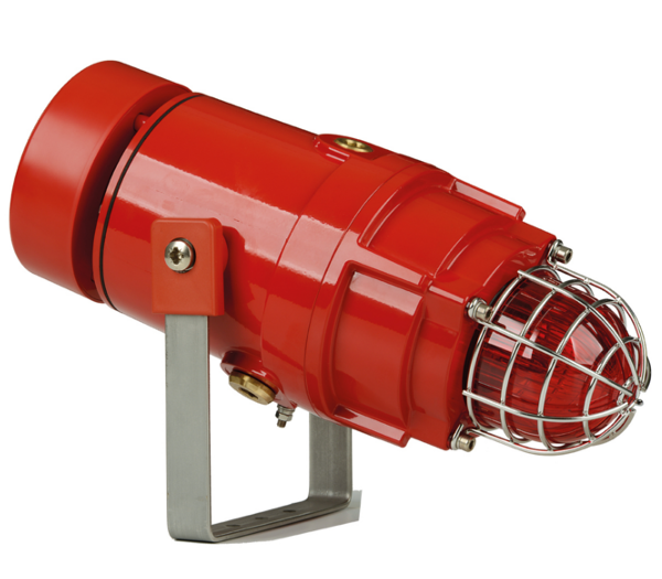 A red omni-directional radial horn alarm sounder with a attached silver grid and mounted on a bracket, with a robust aluminum enclosure.