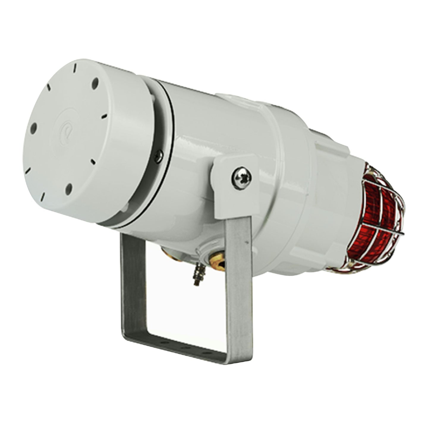 A grey re-entrant flare horn combined with a Xenon strobe beacon, mounted on a stainless steel 'U' bracket.