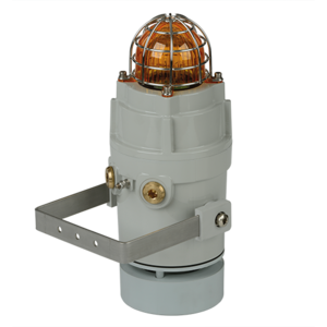 A grey horn alarm sounder with a clear protective dome on top and U-bolt mount.