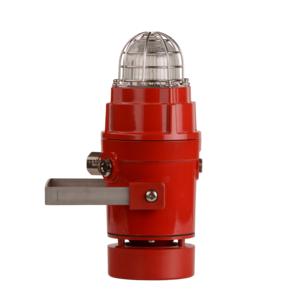 A red horn alarm sounder with a clear protective dome on top and U-bolt mount.