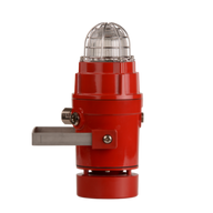 A red horn alarm sounder with a clear protective dome on top and U-bolt mount.
