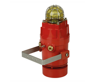 A red cylindrical safety device with a yellow warning light on top and a stainless steel 'U' bracket attached.
