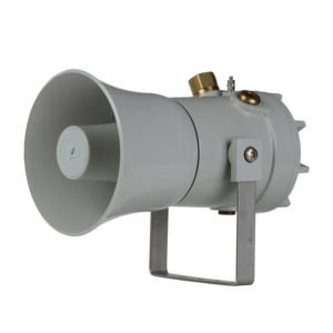 Grey explosion proof high output alarm horn sounder with re-entrant flare horn, mounted on a bracket.