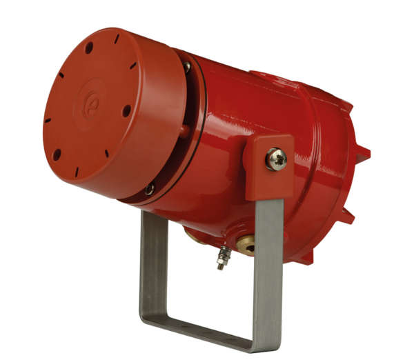 Red industrial loudspeaker on a white background.