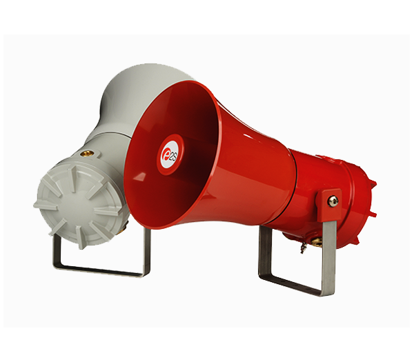 A red and silver re-entrant flare horn alarm sounder with a robust aluminum enclosure.