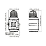 Black on white technical drawing of a cylindrical device with dimensions labeled.
