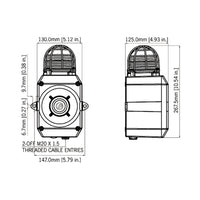 Black on white technical drawing of a cylindrical device with dimensions labeled.