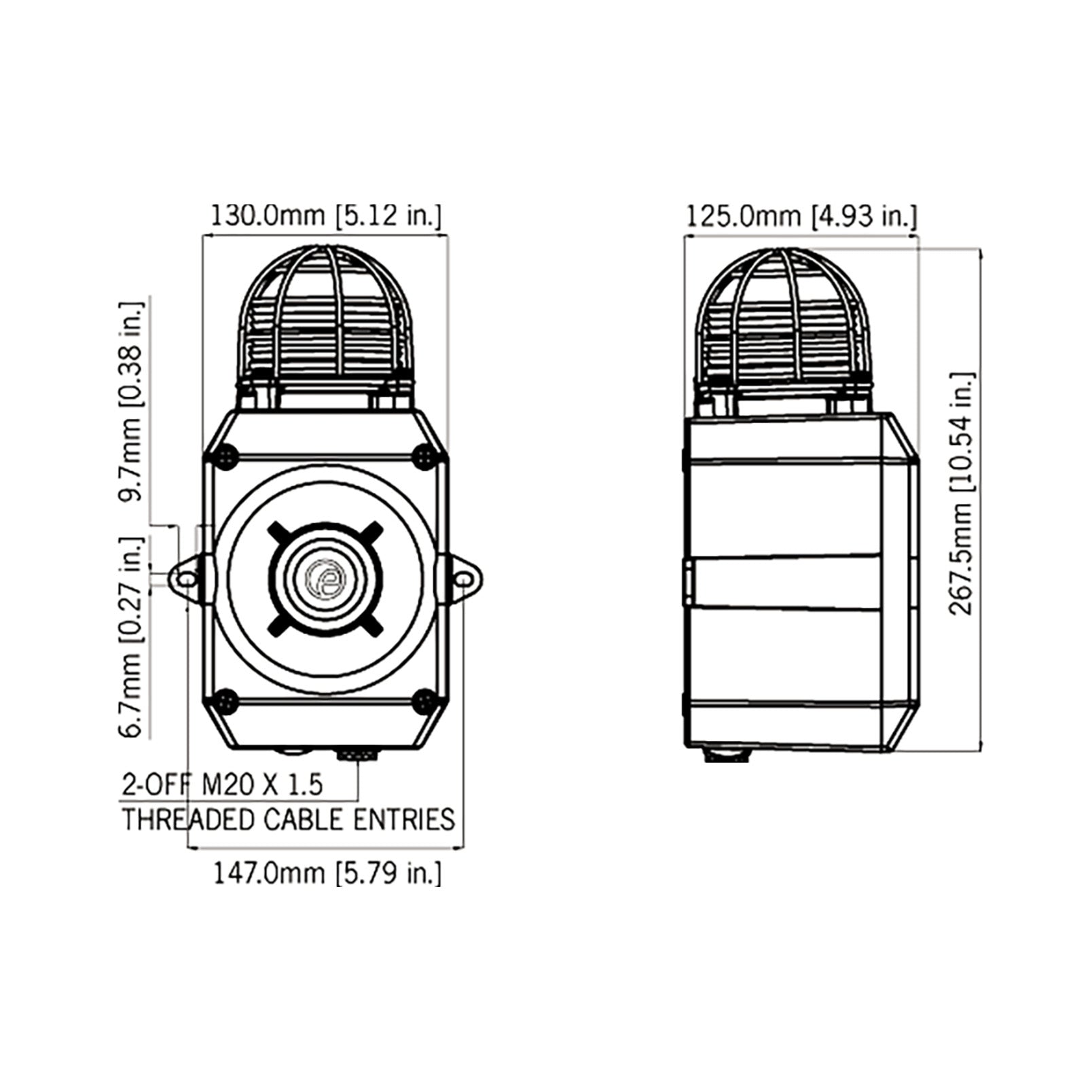 Black on white technical drawing of a cylindrical device with dimensions labeled.