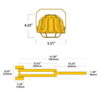 Yellow, black and white dimension diagram of articulating dual arm and LED light fixture.