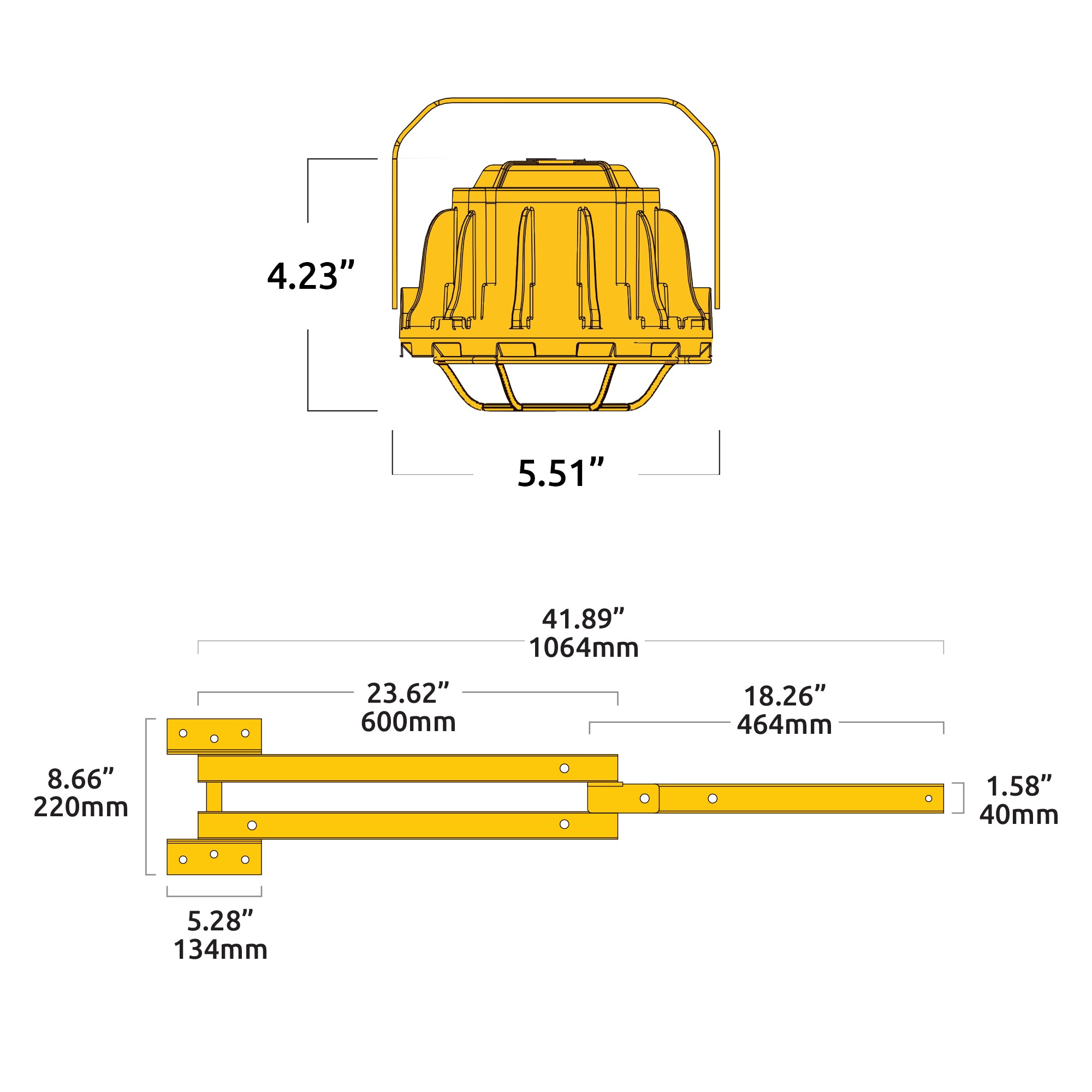 Yellow, black and white dimension diagram of articulating dual arm and LED light fixture.