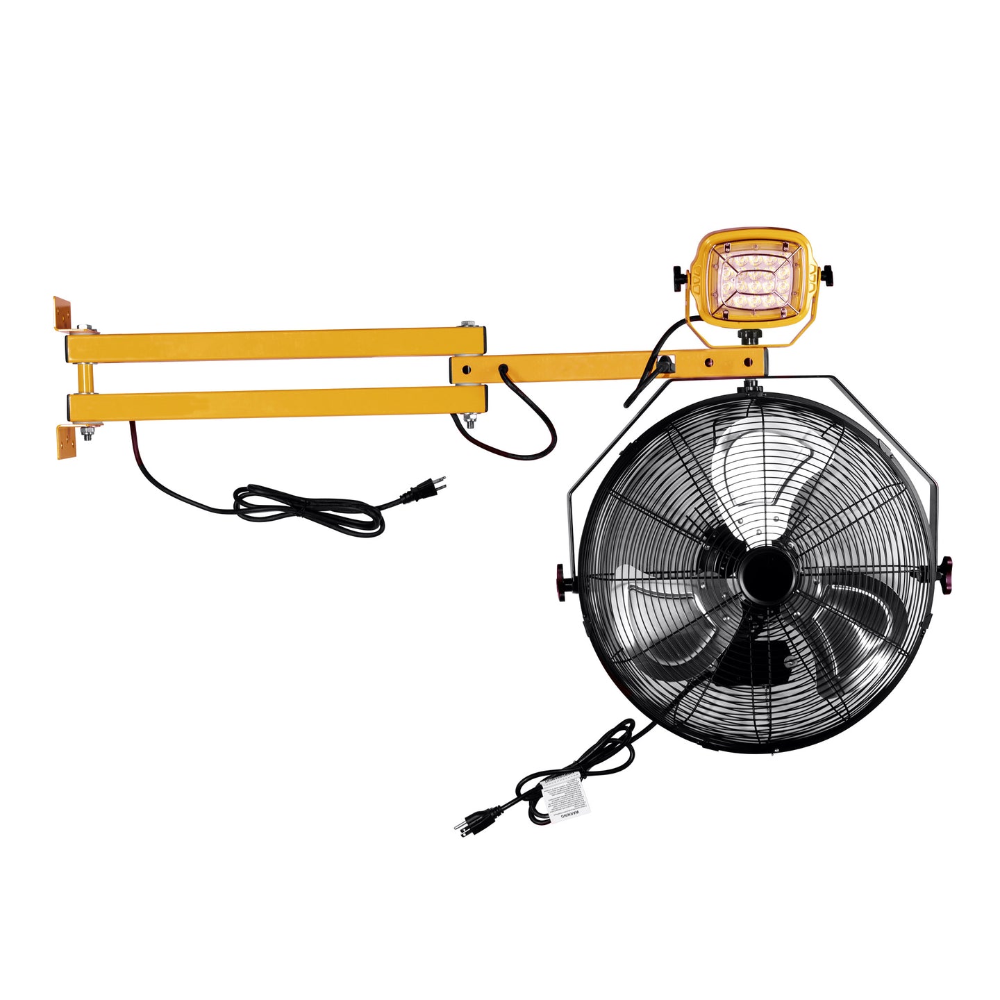 A yellow and black LED dual arm swing dock light with an attached fan, designed for use in industrial settings.
