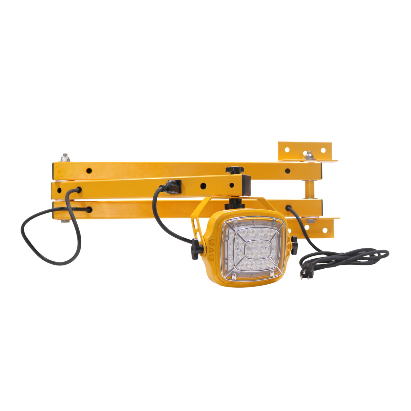 Yellow metal bracket with a light fixture on a white background.