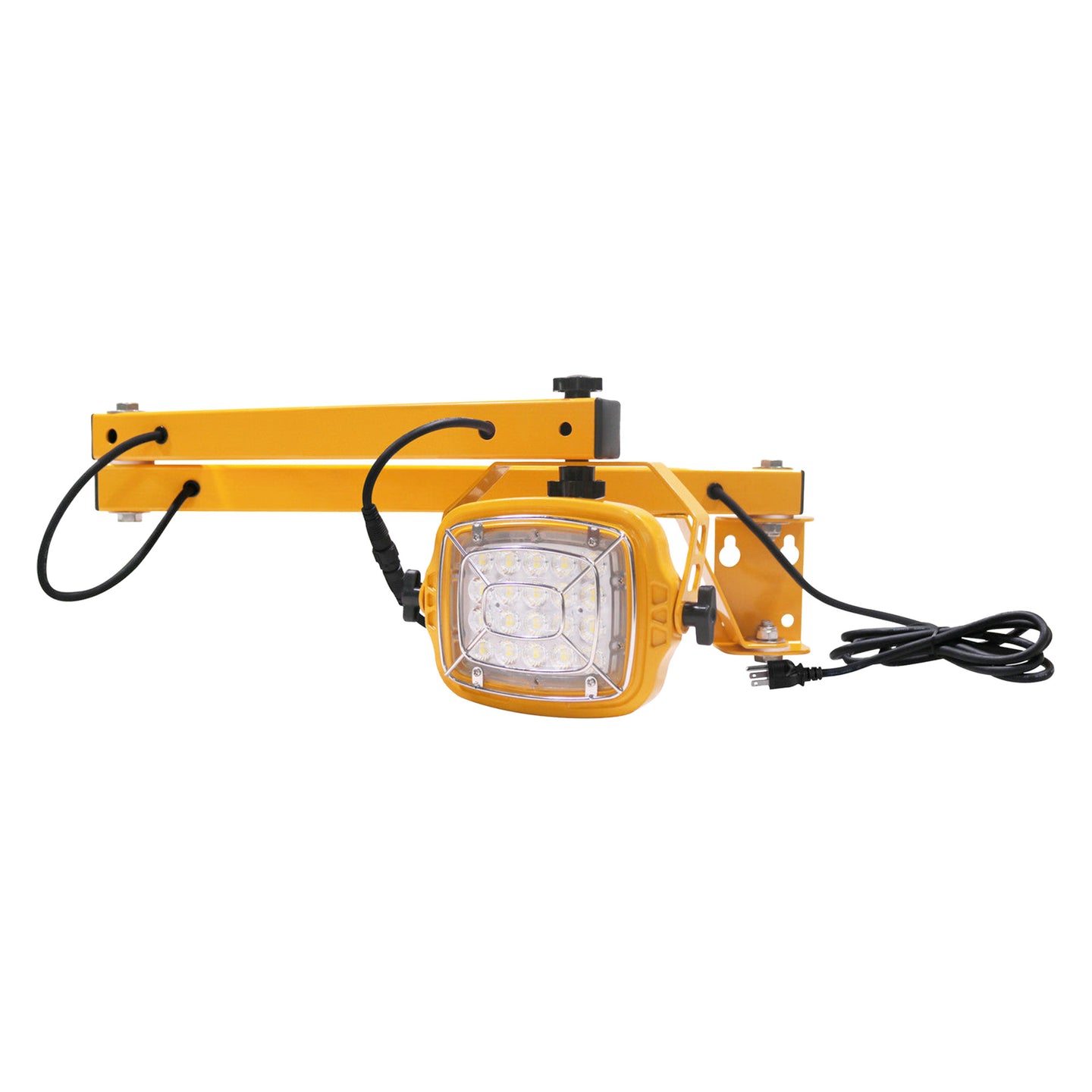 Yellow work light with arm on a white background.