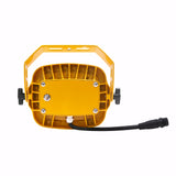 Yellow industrial light fixture on a white background.
