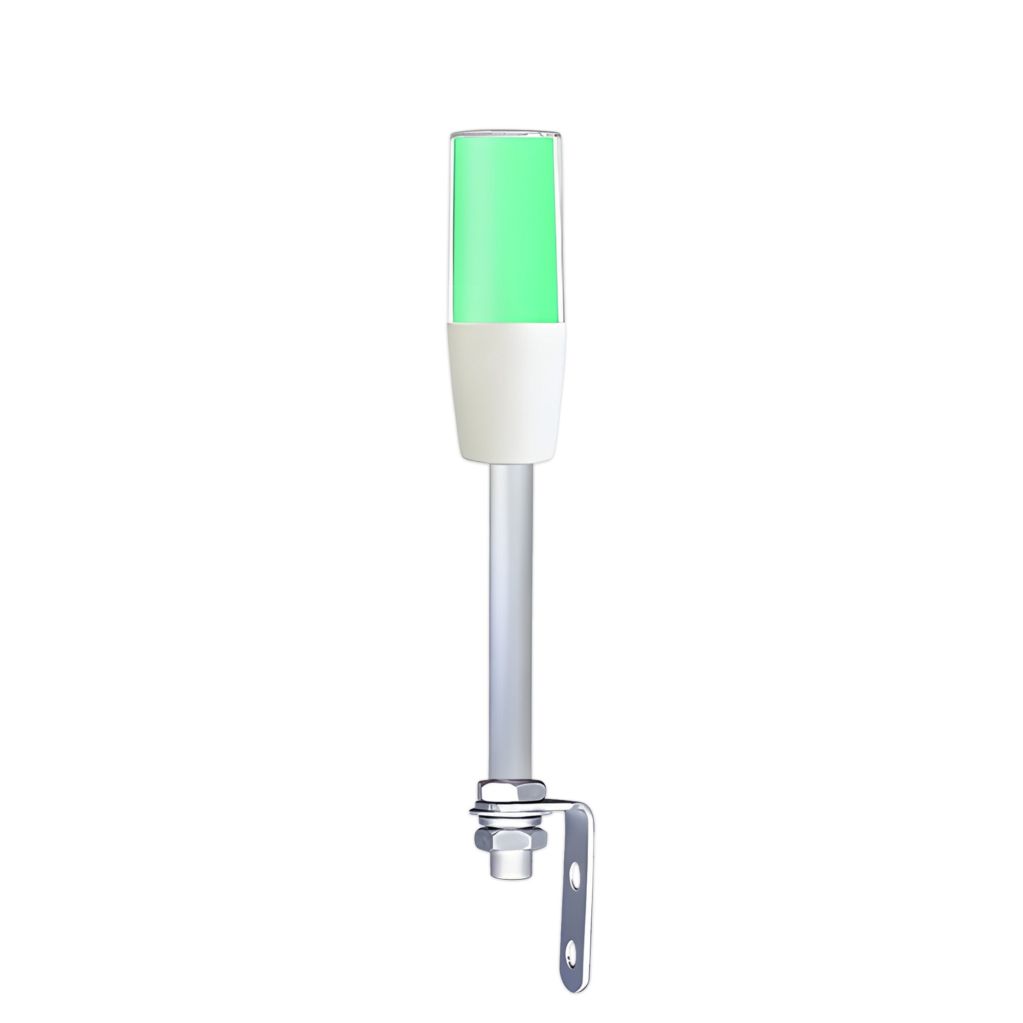 Diffused pole-mounted tower light on right-angle brackets, demonstrating green color function on a white background.