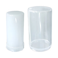 Diffused bulb and glass tower light cover on white background.