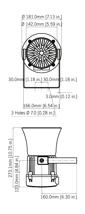 Black on white technical drawing with labeled dimensions from 2 different angles