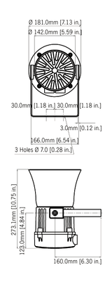 Black on white technical drawing with labeled dimensions from 2 different angles