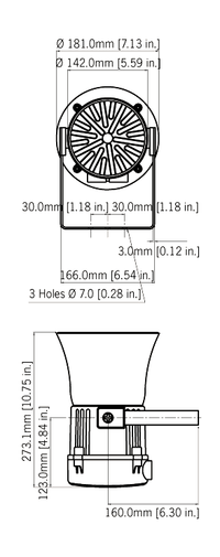 Black on white technical drawing with labeled dimensions from 2 different angles