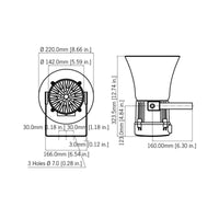 Black on white technical drawing of a light fixture with dimensions labeled