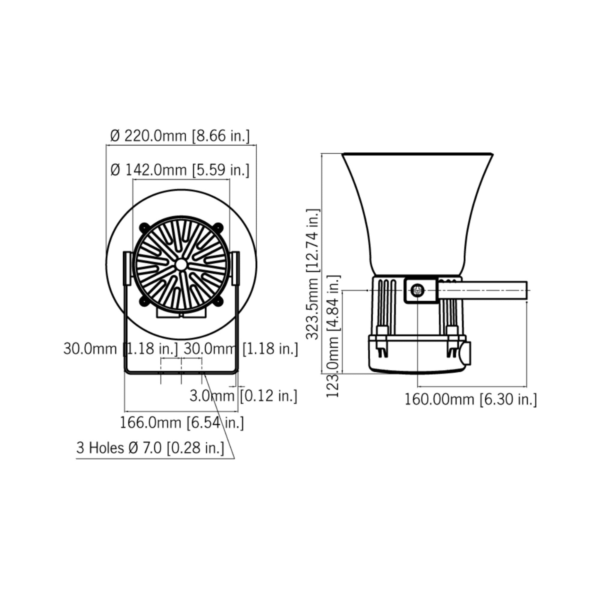 Black on white technical drawing of a light fixture with dimensions labeled